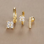 3PCS Vintage Design Four Flower Zircon Hoop Earrings Set Steel