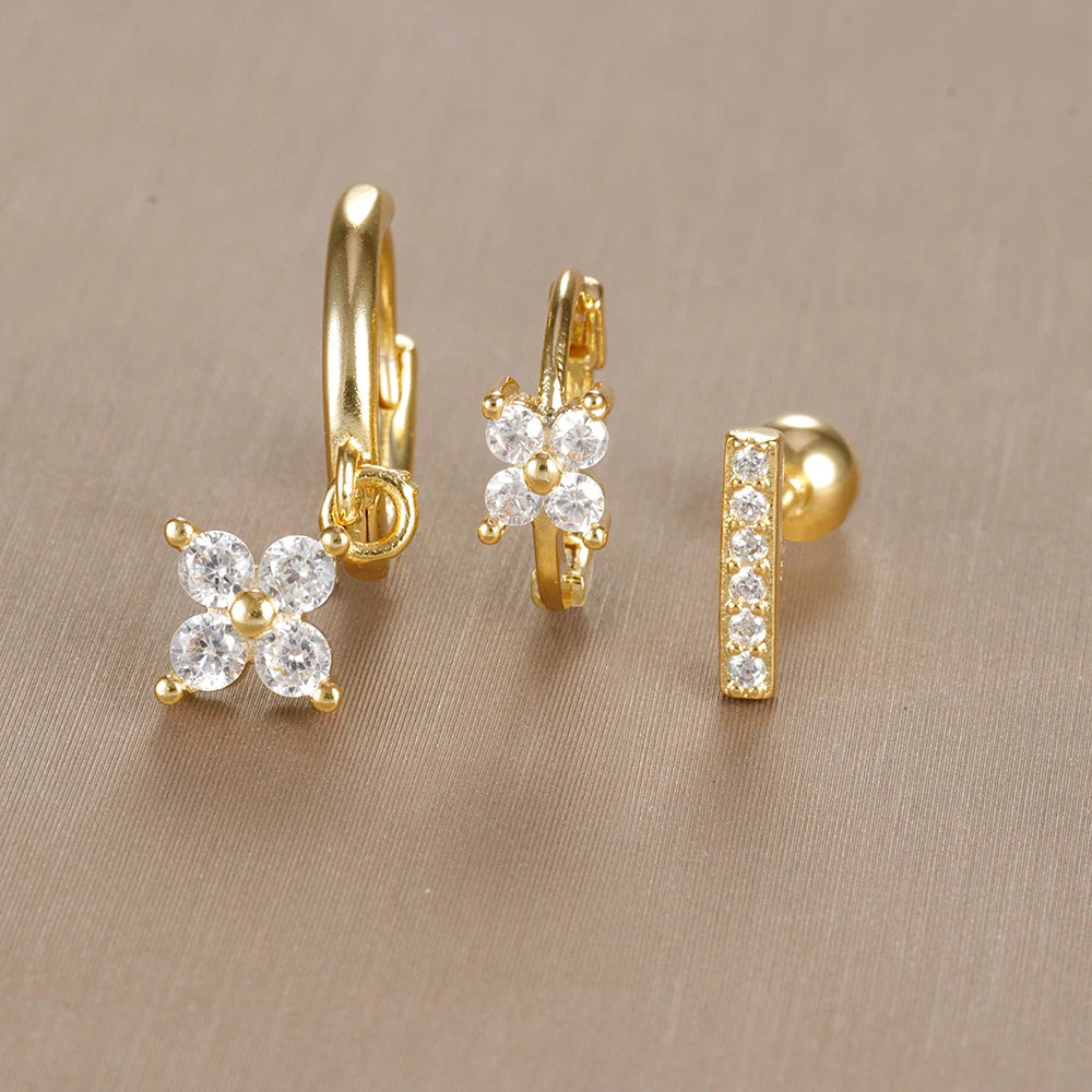 3PCS Vintage Design Four Flower Zircon Hoop Earrings Set Steel