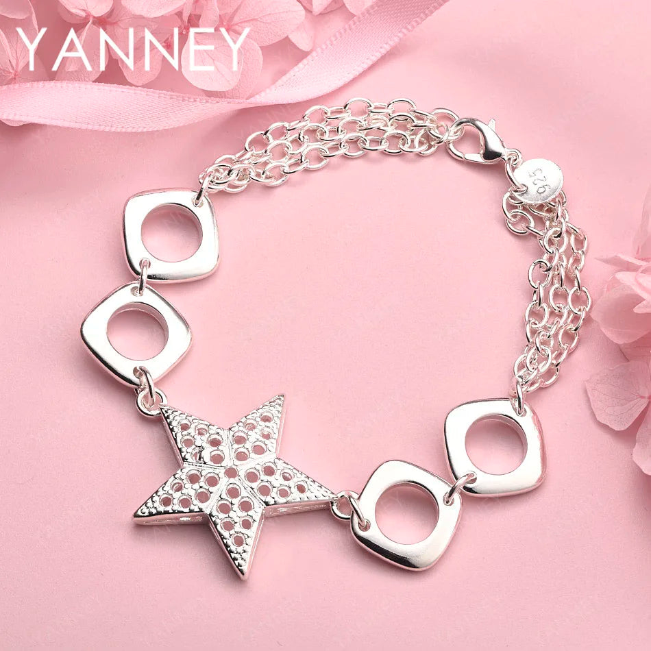 925 Sterling Silver 8-inch Star Square Bracelet Women Wedding Jewellery Gift