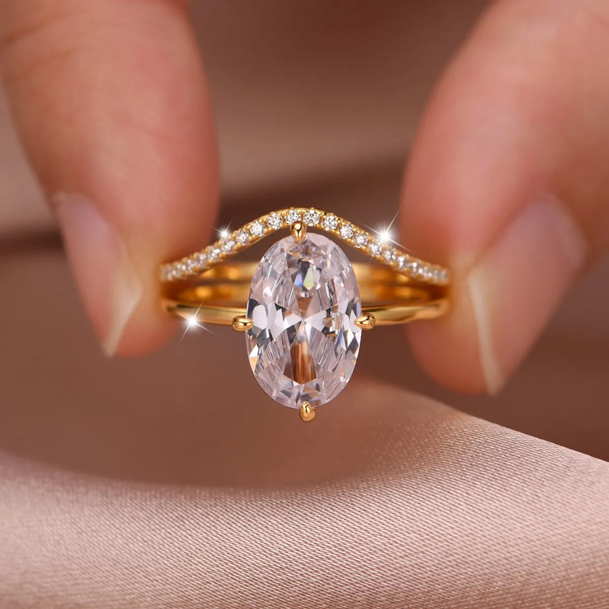 8x12mm Oval Moissanite Wedding Ring Set 18k Gold Plated 925 Sterling Silver Certified