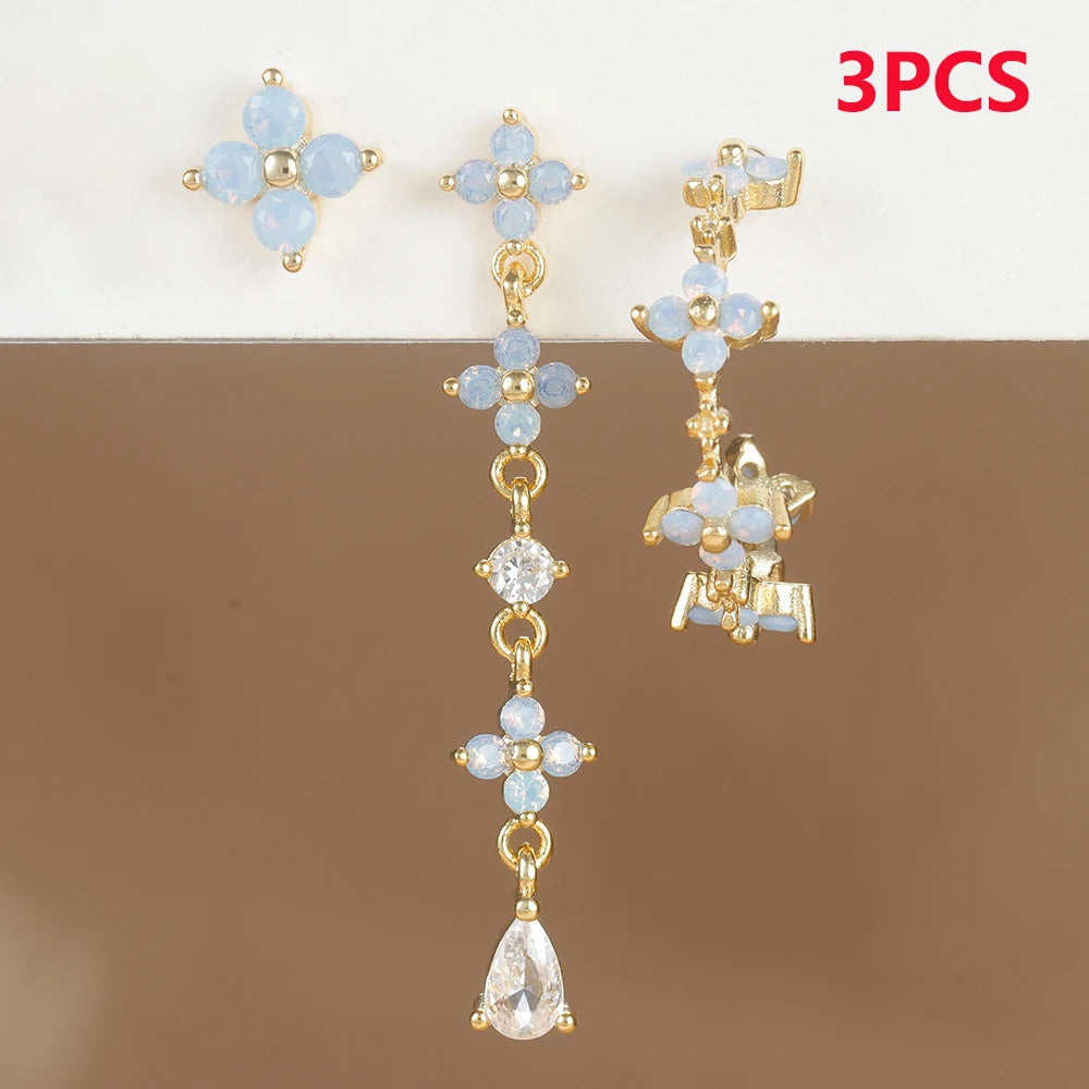 3PCS Zircon Flower Pendant Earring Sets Stainless Steel Cartilage