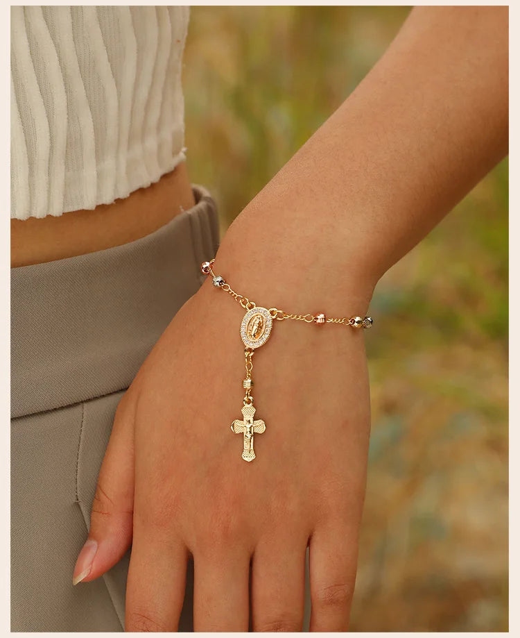Virgin Mary Rosary Bead Cross Bracelet for Women, Tri-color Adjustable Chain Virgin of Guadalupe Bracelet Baptism Confirmation