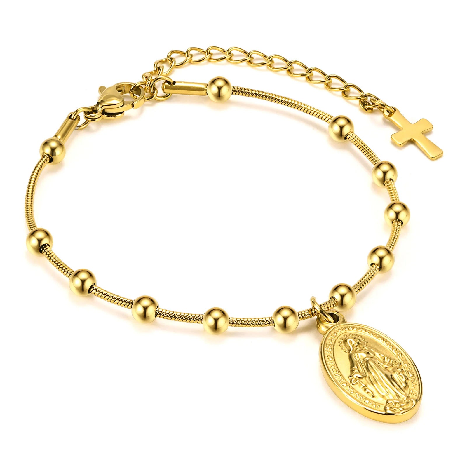18k Gold Plated Virgin Mary Bracelet Gold Plated, Rosary Bead Cross Bracelets For Women, Stainless Steel Faith Jewelry