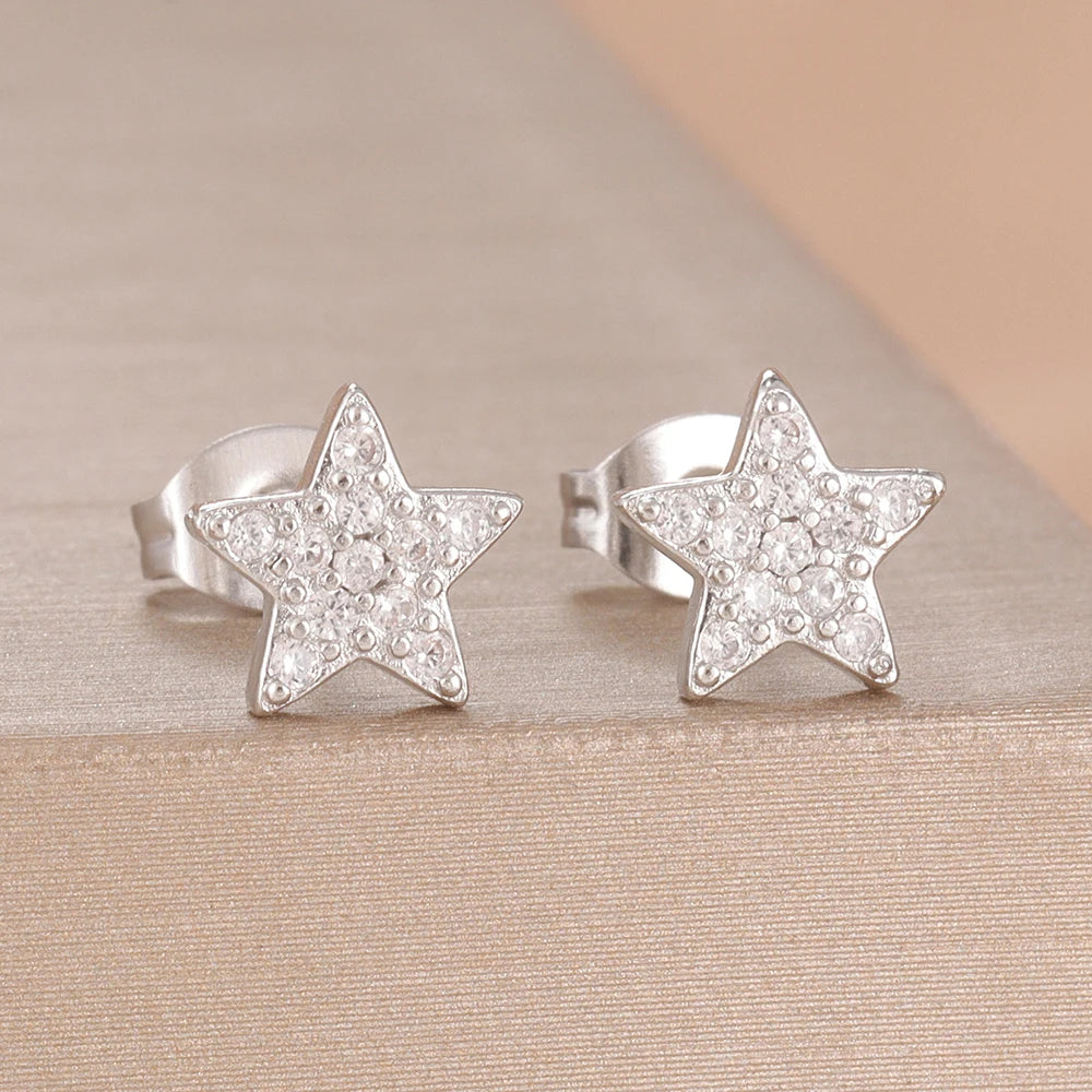 2PCS Fashion Geometry Zirconia Twinkle Star Stud Earrings Shinny