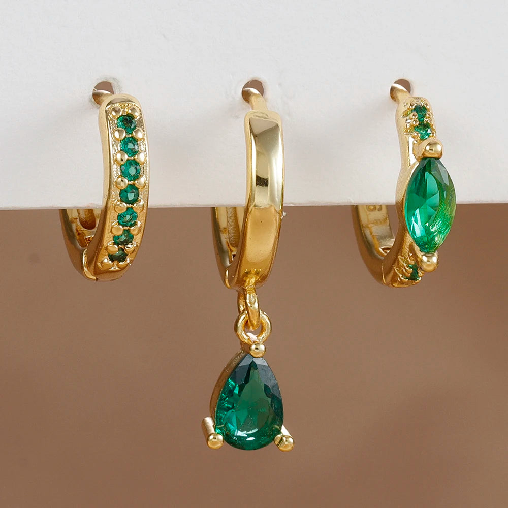 3PCS Cubic Zirconia Water Drop Hanging Earrings Round Dangle Set