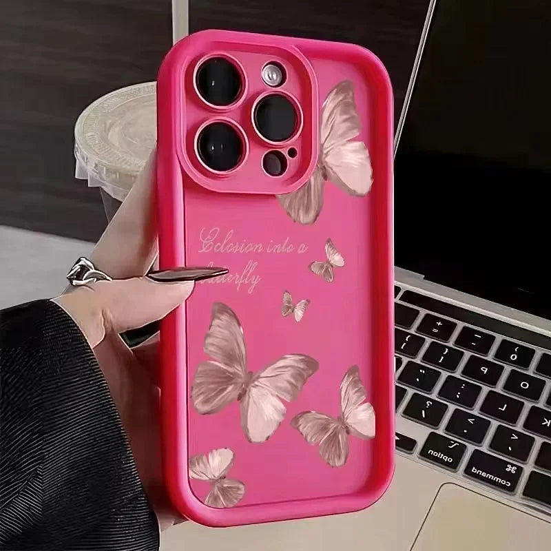 Pink Butterfly Silicone Case for iPhone 17 16 15 14 13 12 11 Pro Max Plus