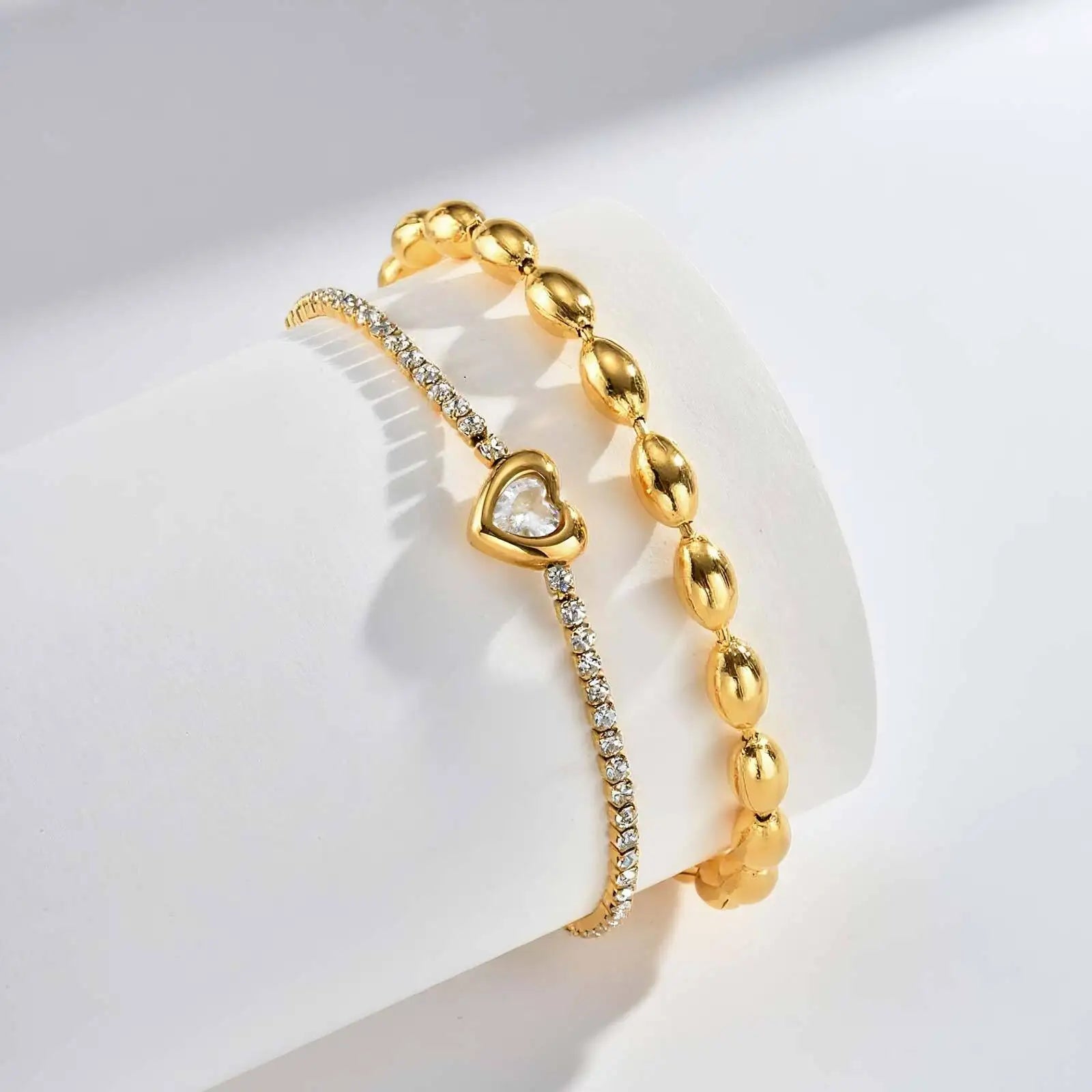 Stainless Steel Heart-shaped Rhinestone Bracelet for Women, Oval Beaded Bracelet Layered Waterproof Hand Wristband