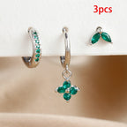 3PCS Exquisite Green Zircon Hanging Earrings Stainless Steel Flower