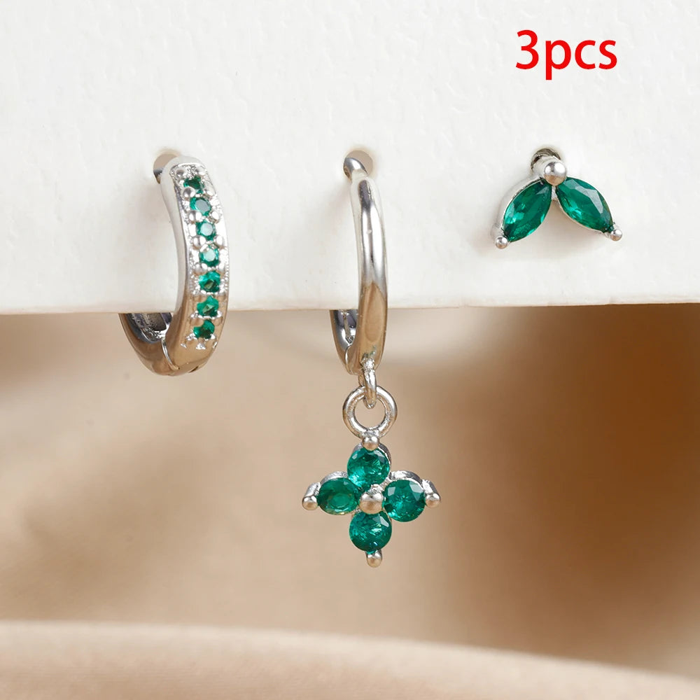 3PCS Exquisite Green Zircon Hanging Earrings Stainless Steel Flower