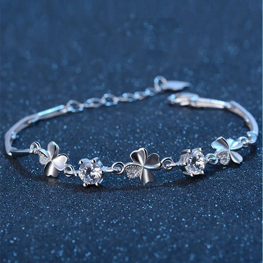 Zircon Lucky Clover Bracelet 925 Sterling Silver Crystals Wedding Jewellery