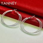 925 Sterling Silver 50mm Frosted 3 Circle Hoop Earrings Women Fashion Wedding
