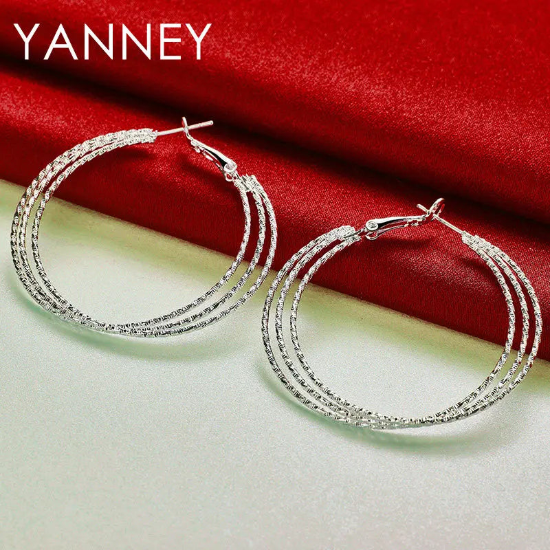 925 Sterling Silver 50mm Frosted 3 Circle Hoop Earrings Women Fashion Wedding