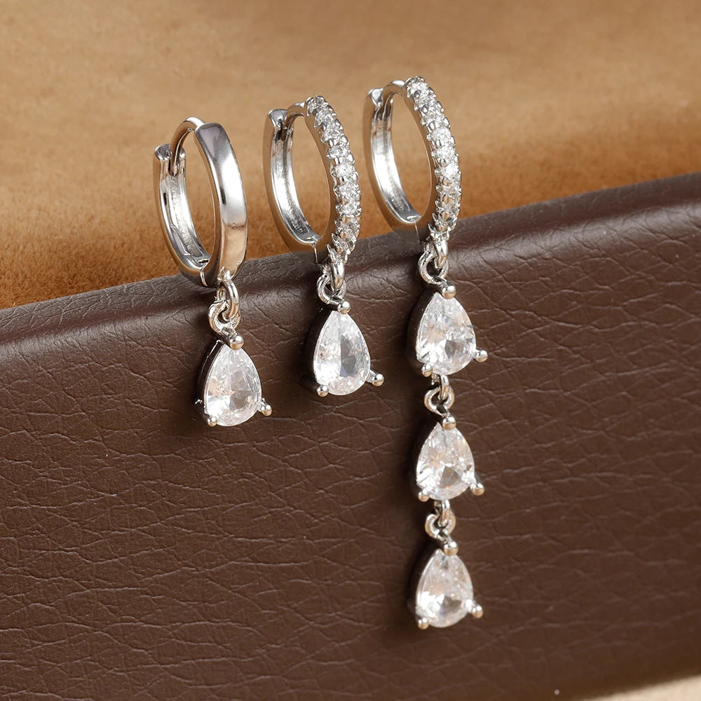 3PCS Stainless Steel Water Drop Hoop Earrings 18K Gold Plated Zirconia