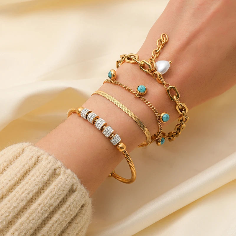 Heart Roman Numeral Zircon Bead Stainless Steel Snake Bone Bracelet