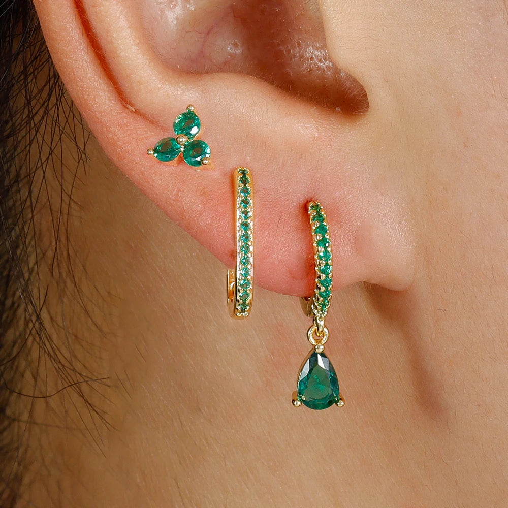 3PCS Waterdrop Shape Zircon Hoop Earrings Triangle Flower Studs