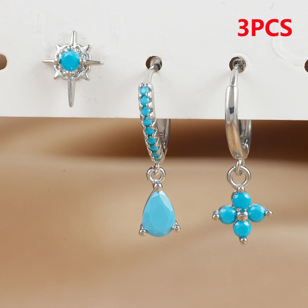3PCS Stainless Steel Cubic Zirconia Water Drop Hoop Earrings Blue