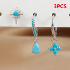 3PCS Stainless Steel Cubic Zirconia Water Drop Hoop Earrings Blue