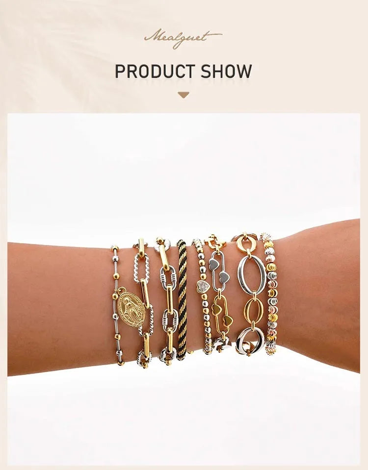 Two Tone Chain Bracelet for Women, Chunky Mixed Metal Link, Stainless Steel Waterproof Jewelry, Stylish Adjustable Wristband