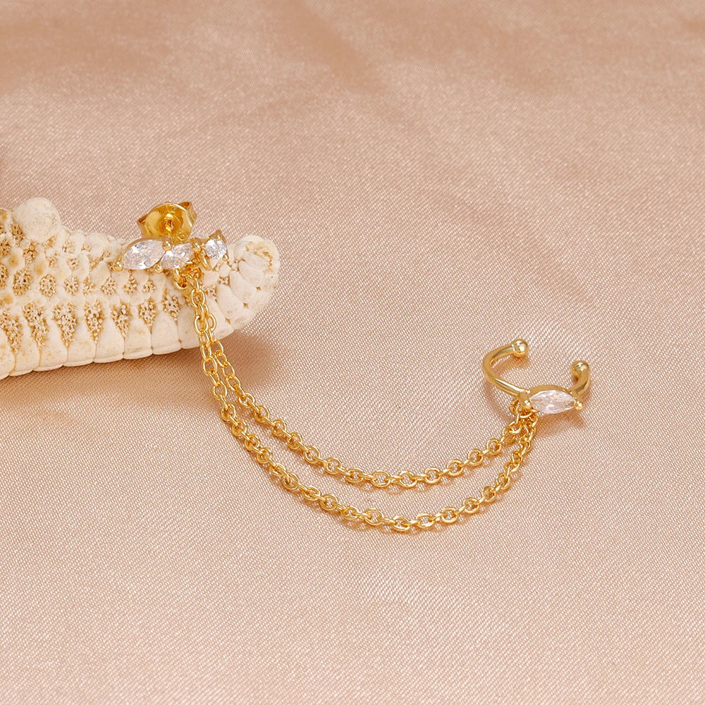 1PC Stainless Steel Chain Tassel Zircon Drop Earrings 14K Gold Plated