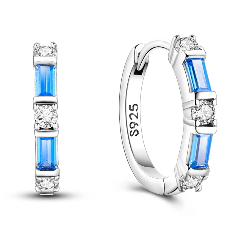 925 Sterling Silver Geometric Minimalist Blue Zircon Circle Hoop Earrings Gift