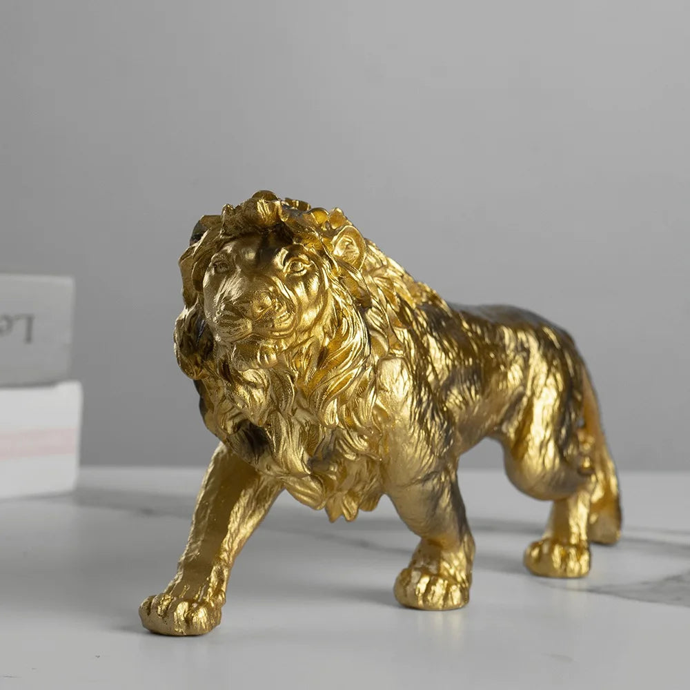 Resin 25cm Lion Statue Gold Animal Sculpture Collectible Office Desk Accessories