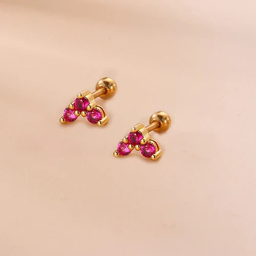 2PCS New Stainless Steel Rose Red Mini Piercing Stud Earrings
