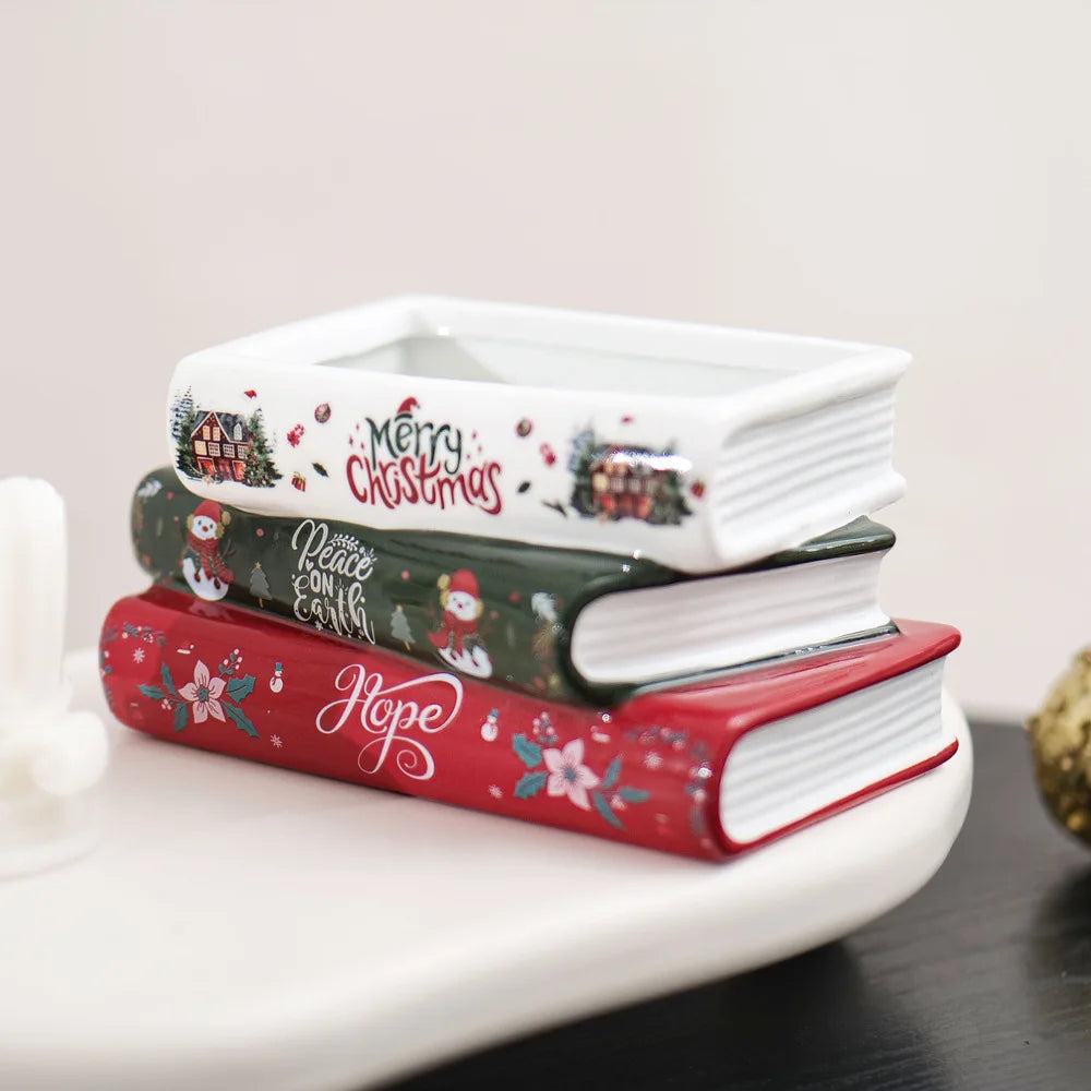 Small Ceramic Book-Shaped Planter with Hole Bookshelf Home Desk Decoration Accessories