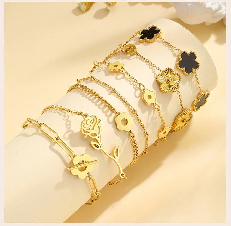 Waterproof Flower Bracelet, Stainless Steel Wrist Chain Bangles  Lucky Jewelry For Women Gift