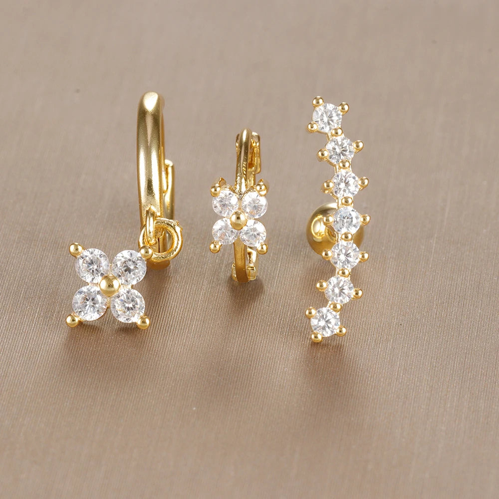 3PCS Vintage Design Four Flower Zircon Hoop Earrings Set Steel