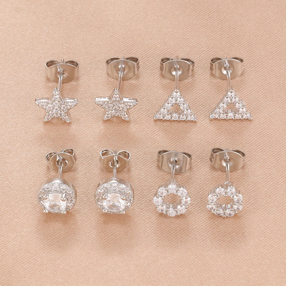 2PCS Fashion Geometry Zirconia Twinkle Star Stud Earrings Shinny