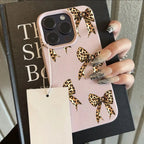 Brown Leopard Bow Lychee Case for iPhone 17 16 15 14 13 Pro Max