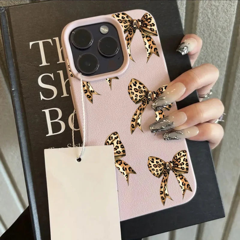 Brown Leopard Bow Lychee Case for iPhone 17 16 15 14 13 Pro Max
