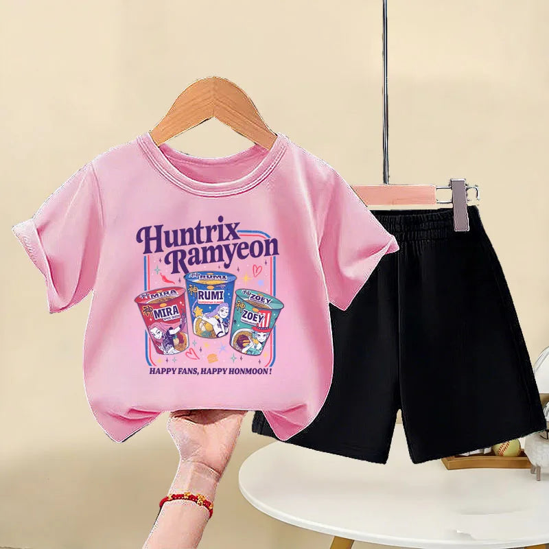 K-pop Girls Summer Casual Outfit Short Sleeve Top and Elastic Waist Shorts