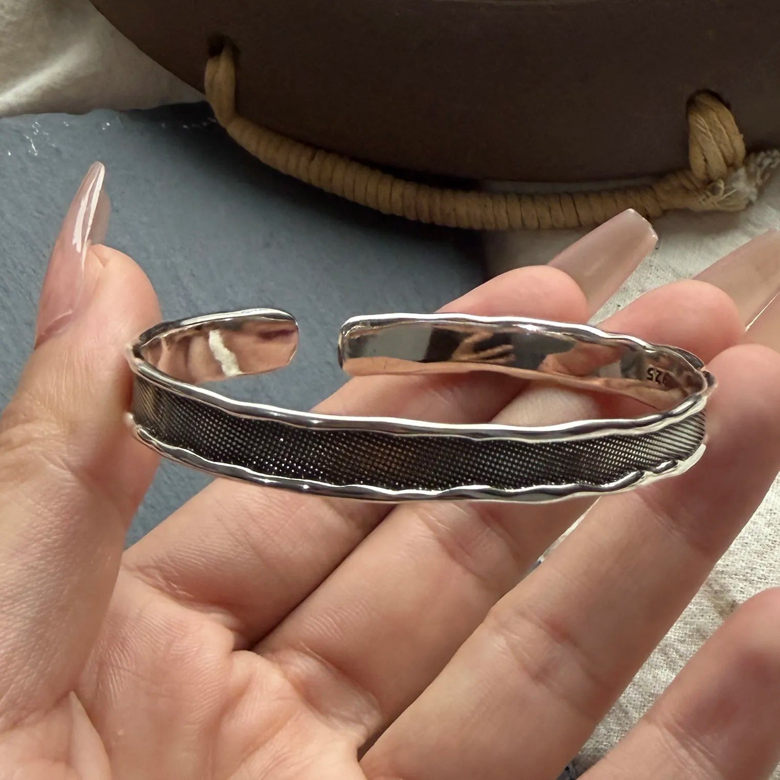 100% Solid 925 Sterling Silver Metal Bracelet for Women Men Vintage Black Stone Letters Handmade Simple Birthday Gift