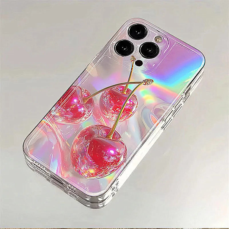 Crystal Cherry Print Case for iPhone 17 16 15 14 13 12 11 Pro Max Plus Air