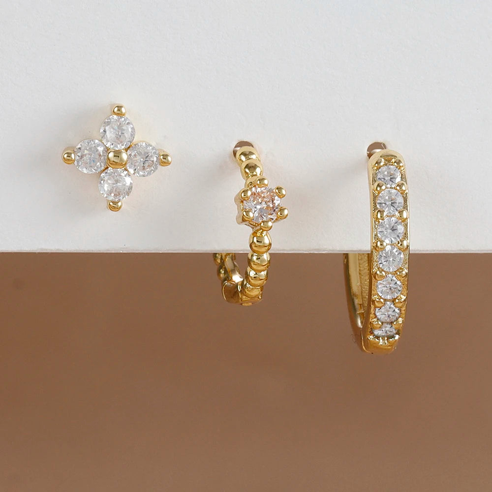 3PCS Sets Exquisite Flower Circle Hoop Earrings 14K Gold Plated