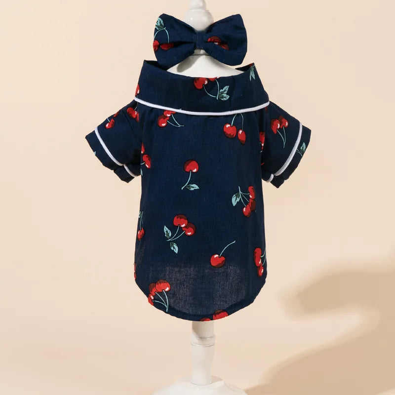 Cherry Print Cat Dog Pajamas Set Soft Warm Sleepsuit with Flower Headband