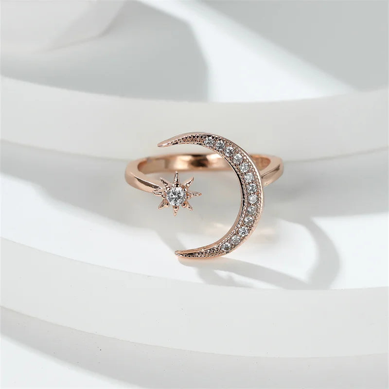 Minimalist Female Stacking Boho Star Moon Rings For Women Silver Rose Gold Color White Crystal Open Size Ring Wedding Bands Gift