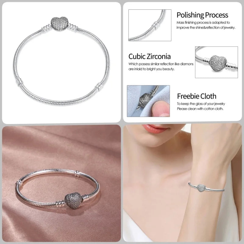 925 Silver 17-20CM Heart Pave Zirconia Original Bracelets Infinity Bracelet Fit DIY Charms Bead Birthday Jewelry Gifts Hot Sale
