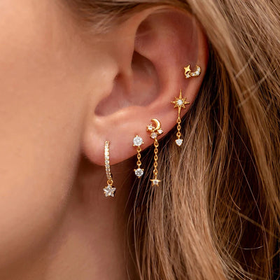 1PC Stainless Steel Cubic Zirconia Chain Hoop Earrings Star Moon