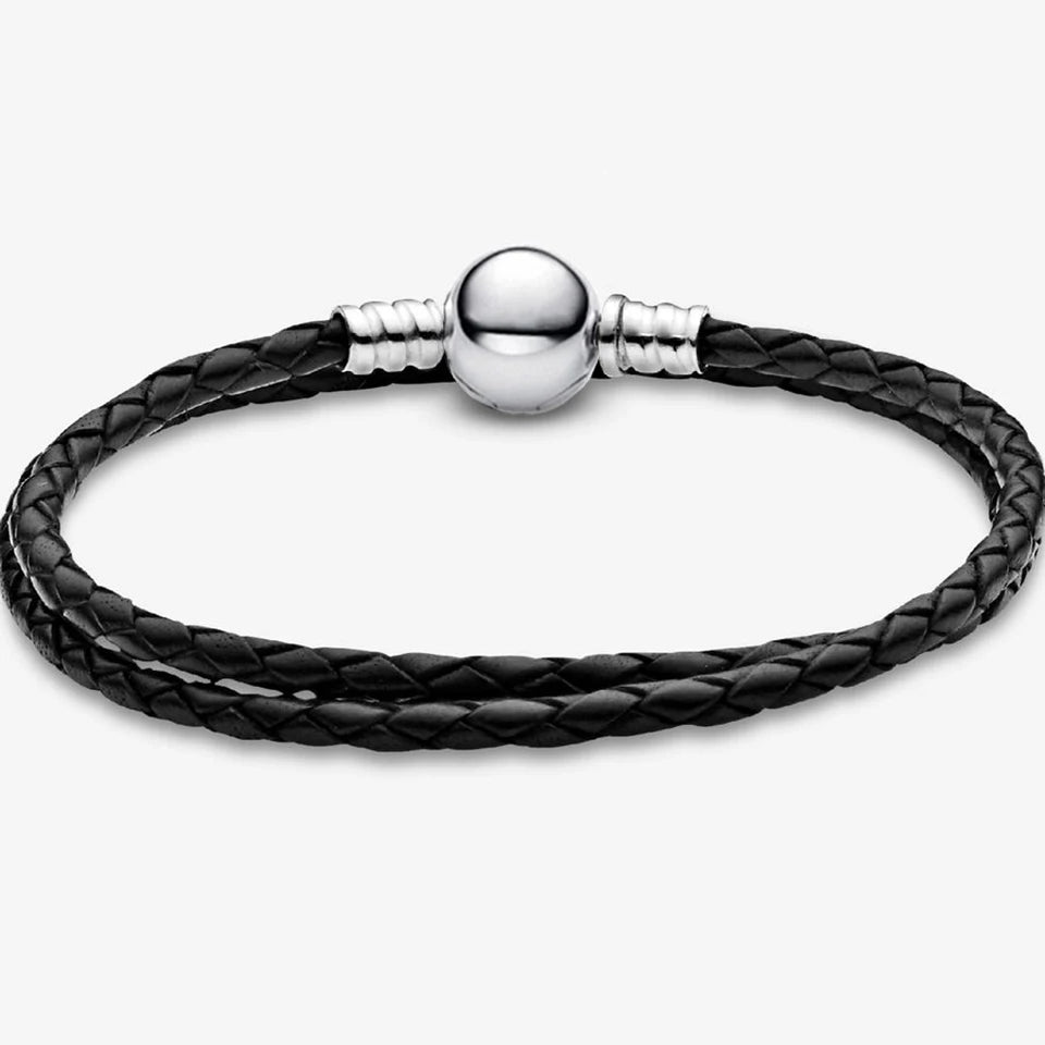 New 925 Silver Sparkling Heart to Heart Double Loop Leather Rope Weaving Bracelet Fashion DIY Charm Exquisite Jewelry Gift