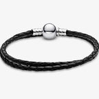 New 925 Silver Sparkling Heart to Heart Double Loop Leather Rope Weaving Bracelet Fashion DIY Charm Exquisite Jewelry Gift
