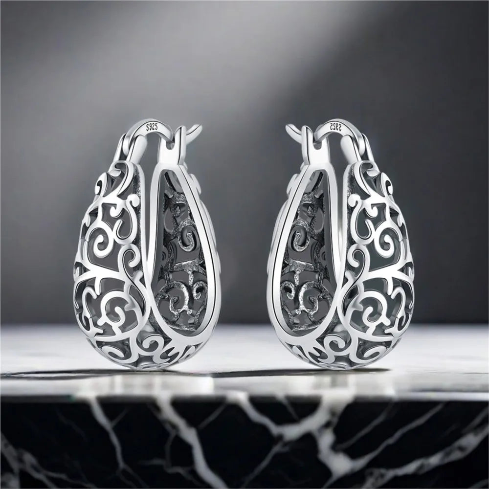 925 Sterling Silver Vintage Vine Versatile Hoop Earrings Fine Birthday Gift