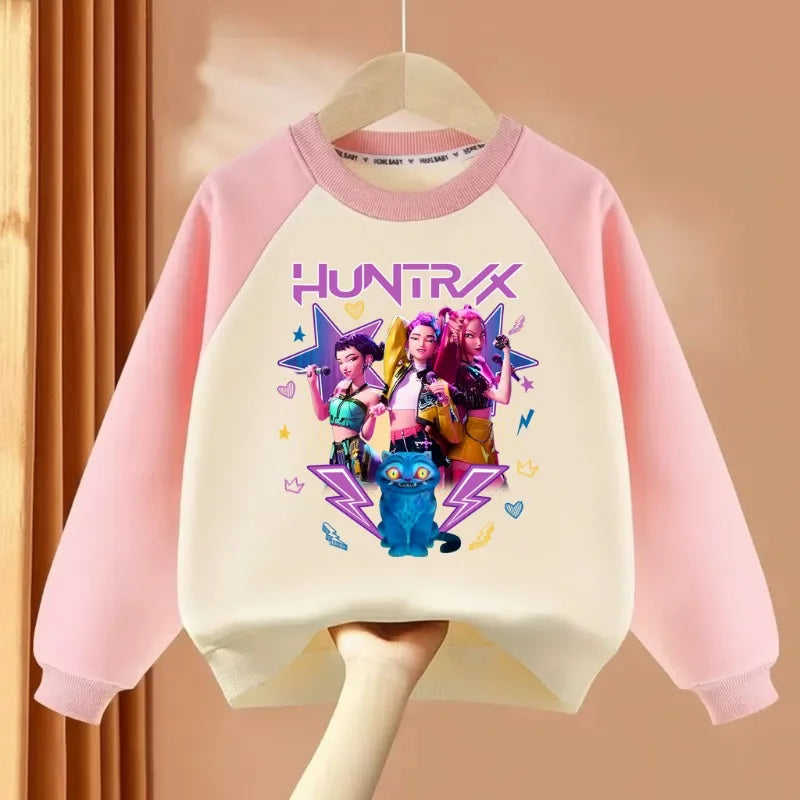 Girls O-Neck Spliced Long Sleeve Hoodies Cartoon Print Casual Pullovers