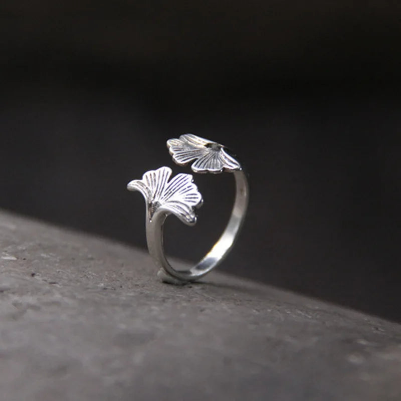 Ginkgo Biloba Leaves Open Ring 925 Sterling Silver Wedding Luxury Accessories
