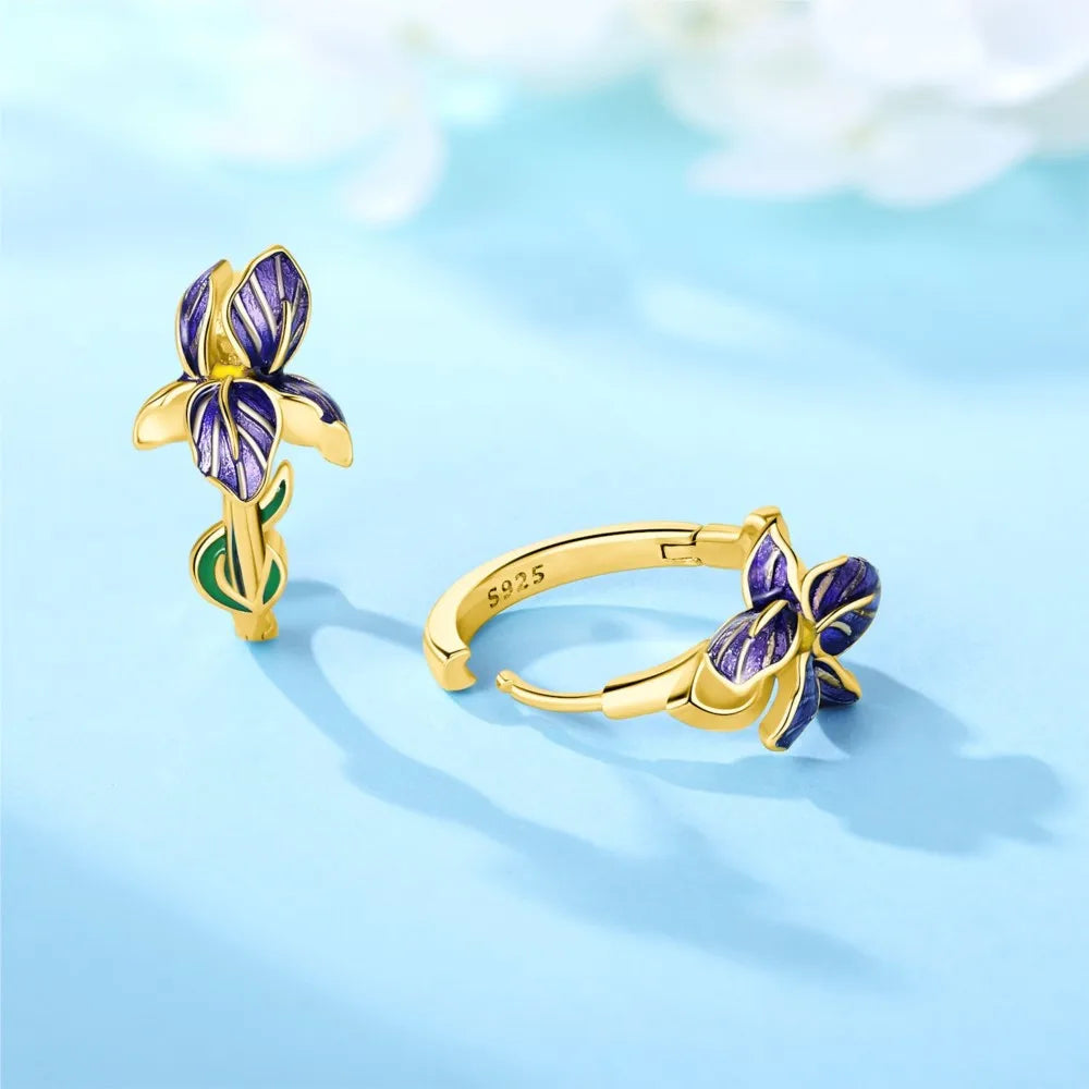 925 Sterling Silver Iris Flower Versatile Hoop Earrings Original Party Gift