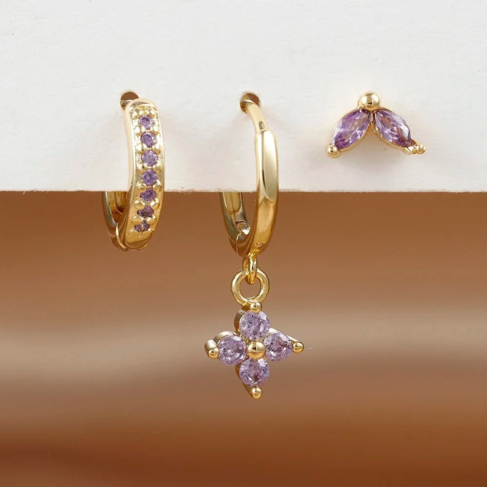 3PCS Exquisite Green Zircon Hanging Earrings Stainless Steel Flower