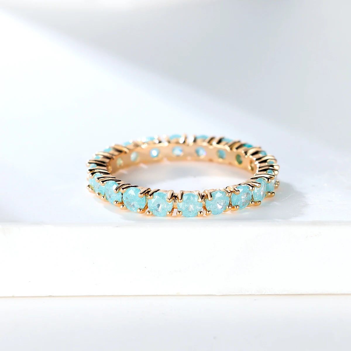 Fashion Single Row Stone Blue Green Pink Ice Flower Zircon Stacking Engagement Rings For Women Gold Color Round Wedding Bands