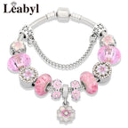 Romantic Pink Heart Charm Bracelet Fine Crystal DIY Bead Bangle Gift