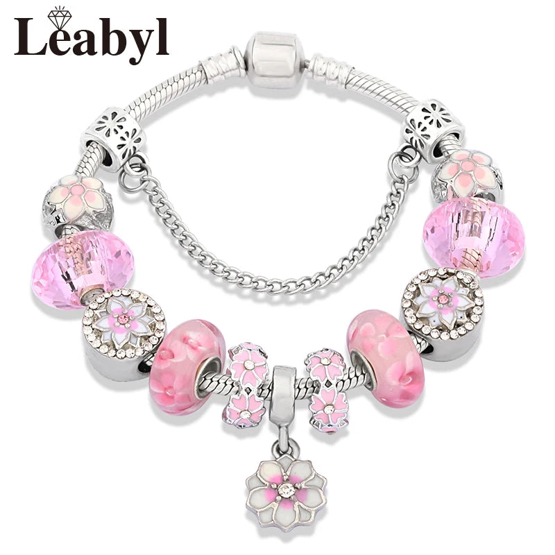 Romantic Pink Heart Charm Bracelet Fine Crystal DIY Bead Bangle Gift